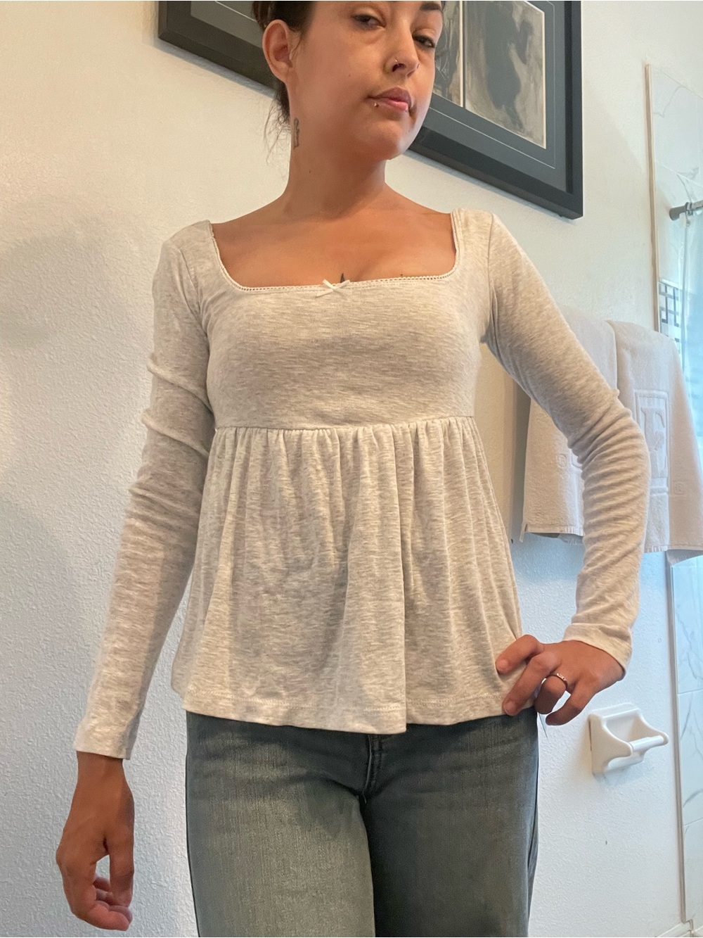 XXS- Gray Cotton Knit Square Neck Long Sleeve Babydoll Peplum Top (Wild Fable)
